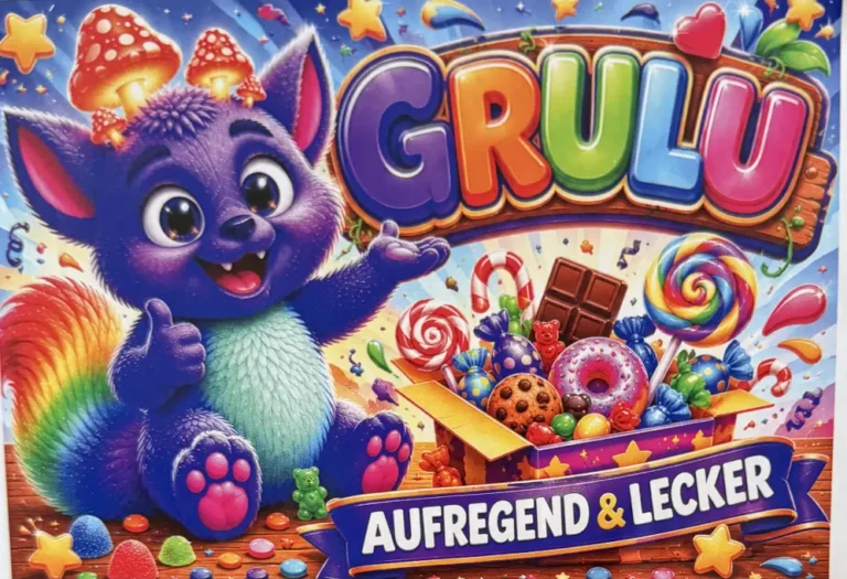Maskottchen GRULU mit einer Box voller Süßigkeiten